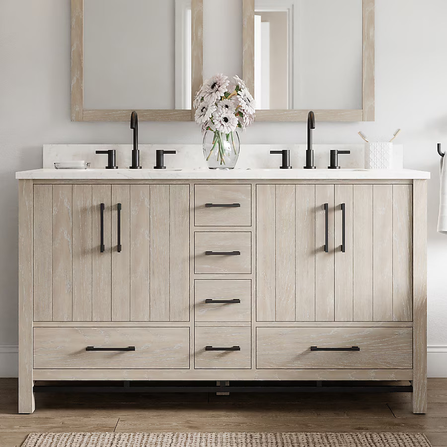 allen + roth Brawley 60-in Cerused Natural Oak Undermount Double Sink Bathroom Vanity with Calaca... | Lowe's