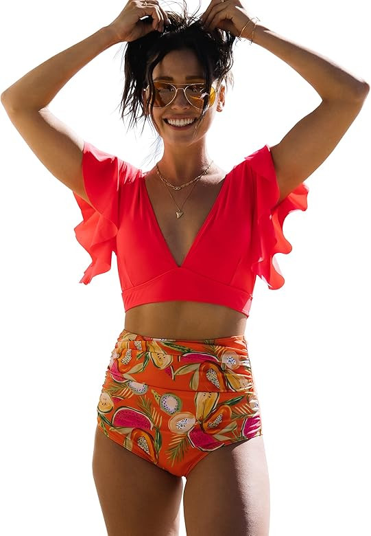 SPORLIKE Women Ruffle High Waist Swimsuit Two Pieces Push Up Tropical Print Bikini | Amazon (US)