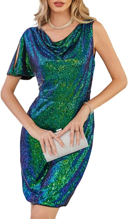 GRACE KARIN Women One Sleeve Cowl Neck Sequin Dress Formal Sparkly Glitter Evening Club Cocktail ... | Amazon (US)
