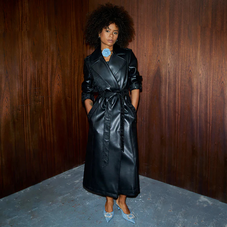 Black Embroidered Vegan Leather Trench Coat | Never Fully Dressed US