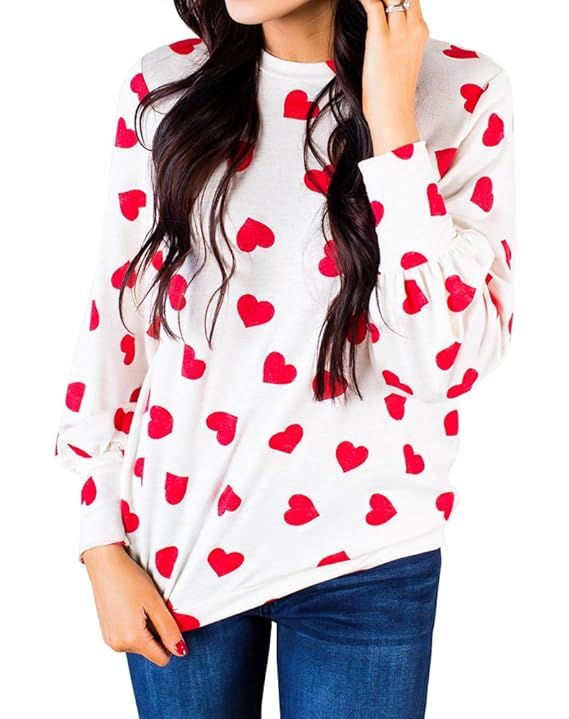 Valphsio Womens Long Sleeve Heart Prints Blouse Crew Neck Valentines Tshirt Sweatshirt | Amazon (US)