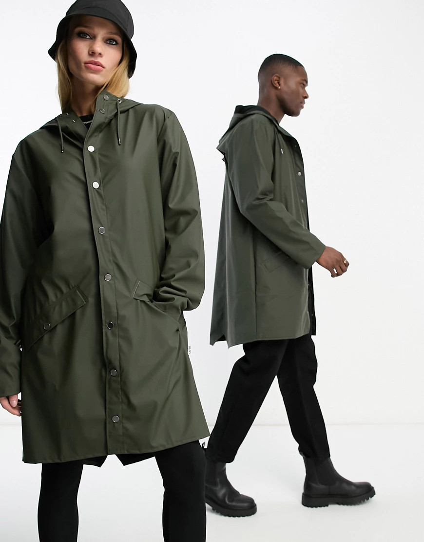 Rains 12020 unisex waterproof long jacket in green | ASOS (Global)
