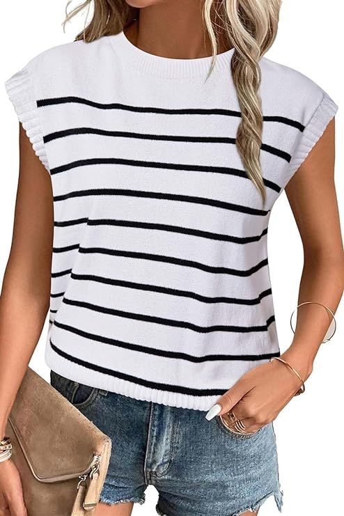 Arach&Cloz Womens Spring Summer 2024 Sweater Vest Cap Sleeve Crew Neck Striped Fashion Casual Sle... | Amazon (US)