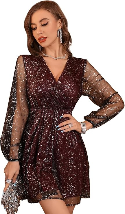 Floerns Women's Lantern Long Sleeve V Neck Mesh Cocktail Party Short Dress Without Belt | Amazon (US)