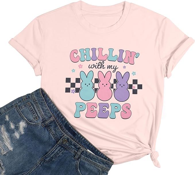 Happy Easter Shirt Women Chillin with My Peeps Tee Shirt Cute Rabbit Graphic T-Shirt Easter Gift ... | Amazon (US)