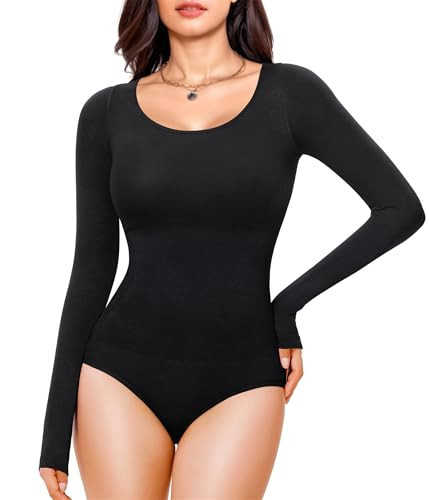 Nebility Black Long Sleeve Shapewear Bodysuit for Women Tummy Control Crew Neck Body Suits Tops Slim Fit | Amazon (US)