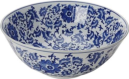 Oriental Furniture 14" Floral Blue & White Porcelain Bowl | Amazon (US)