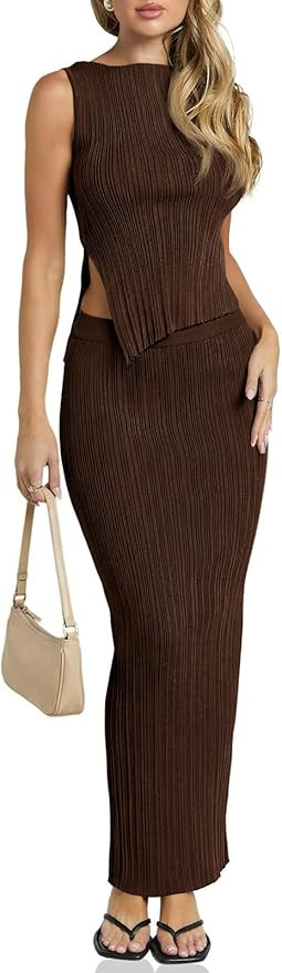 Wenrine Womens Ribbed Knit 2 Piece Outfit Sleeveless Crop Top High Waist Maxi Skirt Set Casual Su... | Amazon (US)