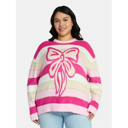99 Jane Street Women's and Women's Plus Striped Sweater with Bow Design, Midweight, Sizes XS-4X | Walmart (US)