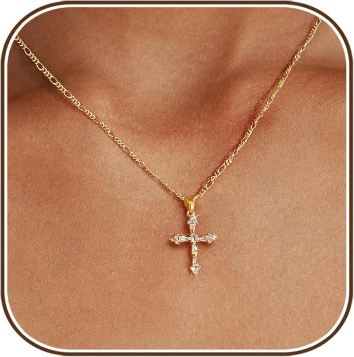 Cross Necklace for Women,14K Gold Plated Cross Pendant Necklace Jewelry | Dainty Gold Cross Charm... | Amazon (US)