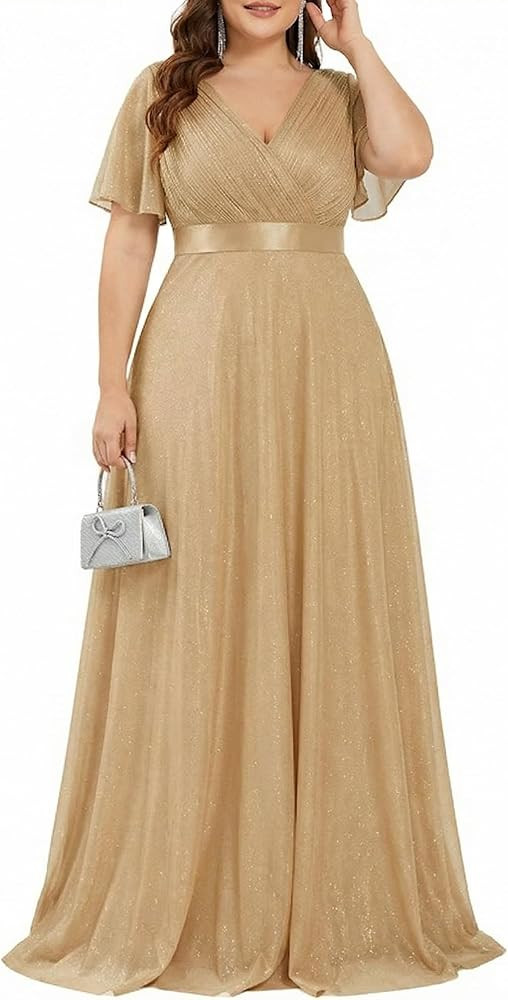 Ever-Pretty Plus Women's Glitter Formal Dress Evening Gown for Gala V-Neck Short Sleeve Floor Len... | Amazon (US)