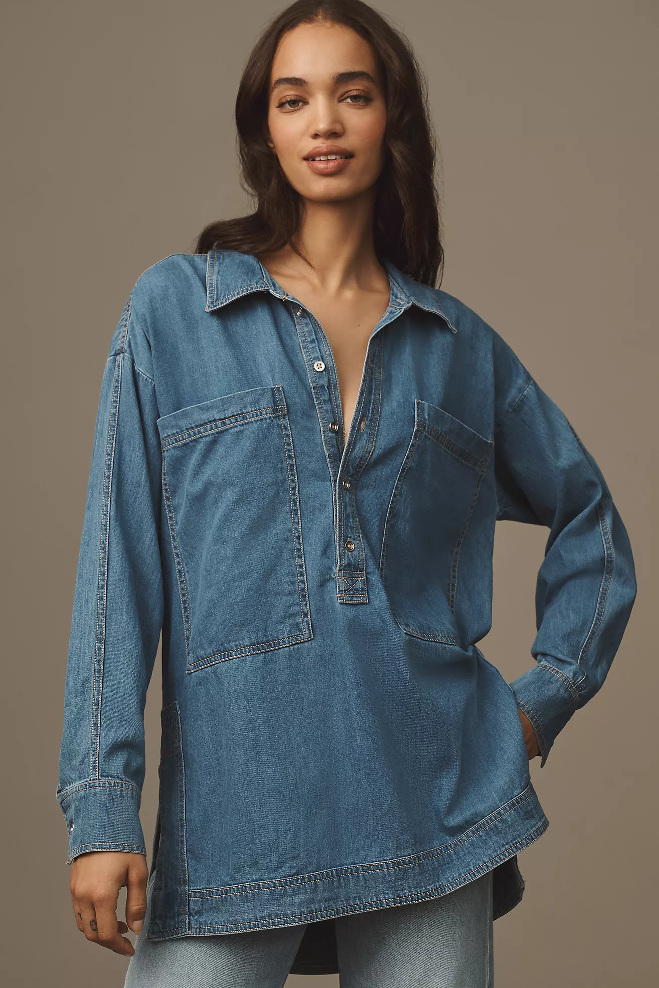 Pilcro Patch Pocket Collared Popover Blouse | Anthropologie (US)