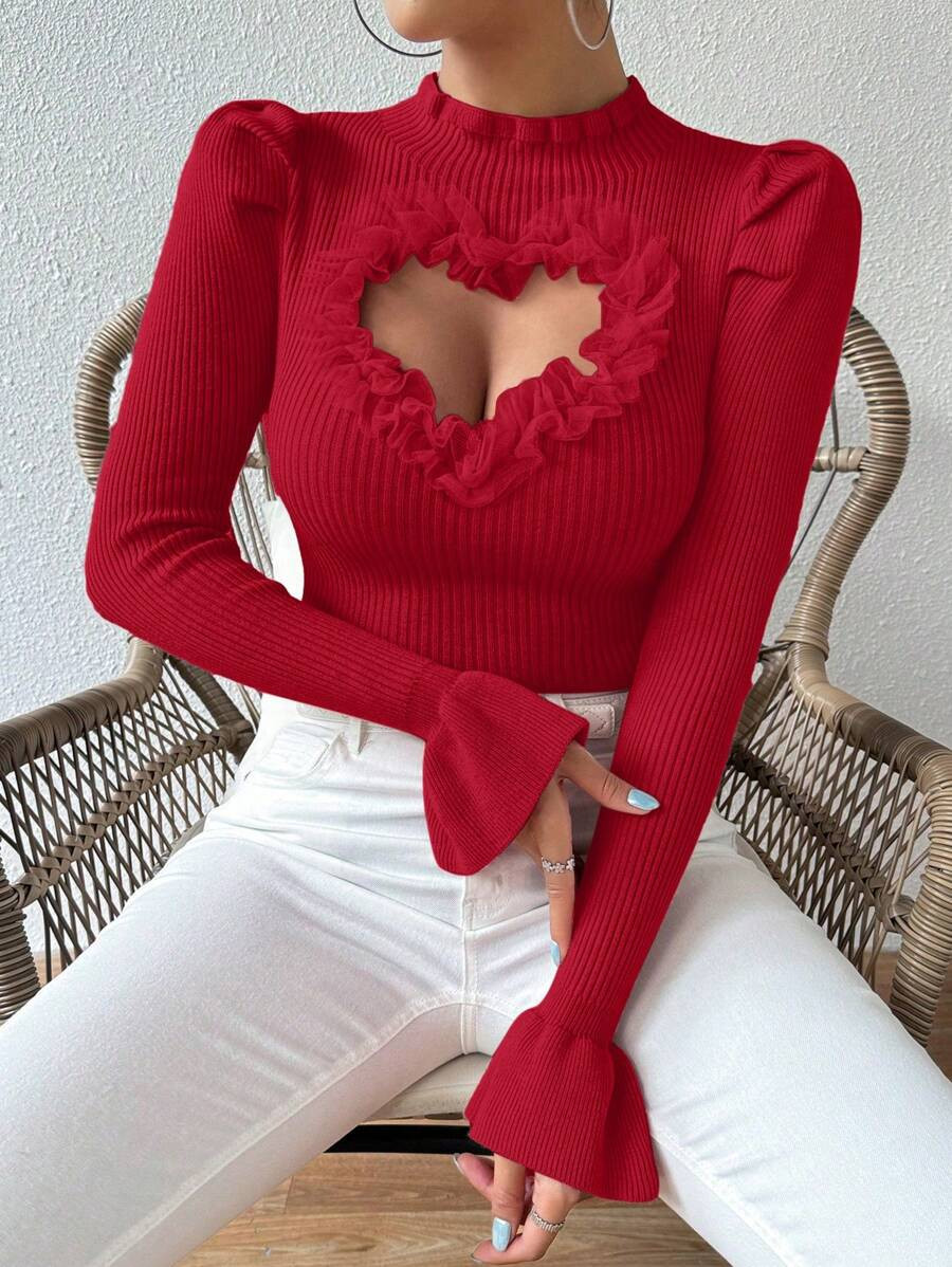 SHEIN Raffinéa Women's Plain Color Bubble Sleeve Hollow Heart Casual Sweater, Autumn/Winter | SHEIN