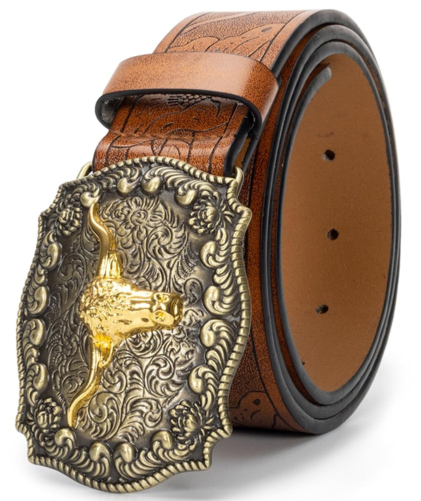 Men-Women-Western-Cowboy-Belt PU-Leather Floral Engraved-Bull-Buckle-Belts for Jeans (for 25" to ... | Amazon (US)
