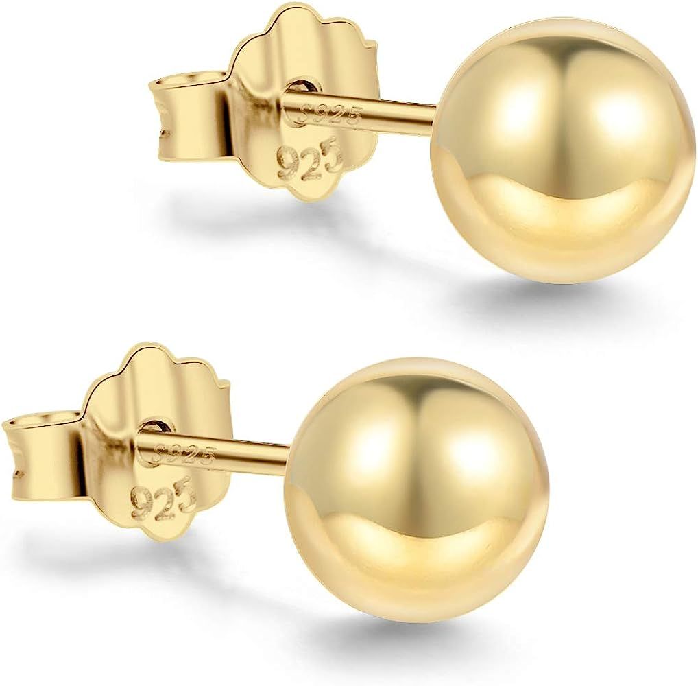 18K Gold Plated Sterling Silver Ball Stud Earrings 3mm-10mm Options, Simple Polished Ball Studs H... | Amazon (US)