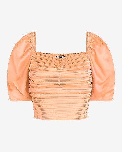 Satin V-Bar Puff Sleeve Ruched Pleated Top | Express