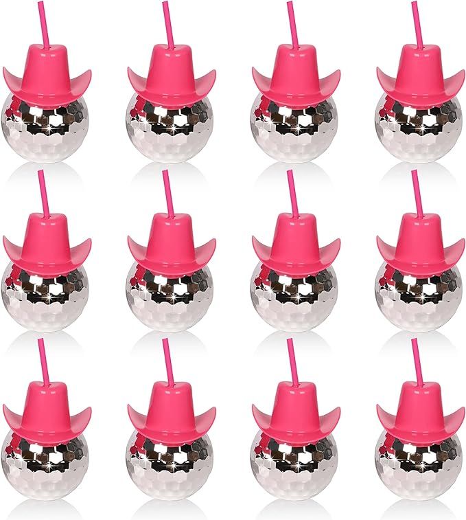 12Pcs Disco Ball Pink Cowgirl Hat Cups with Straws Cowboy Western Party Supplies, Let’s Go Girl... | Amazon (US)