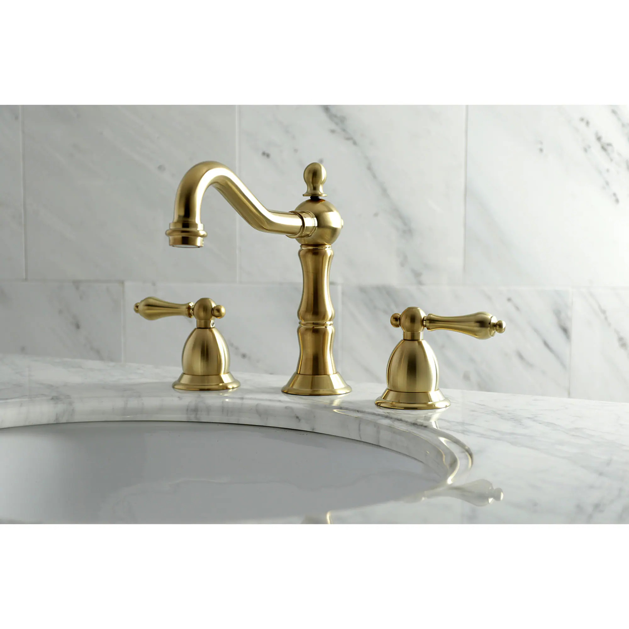 Kingston Brass Heritage Brushed brass Widespread 2-handle Low-arc Residential Handle Bathroom Sink Faucet with Drain | WLKS1977AL | Lowe's