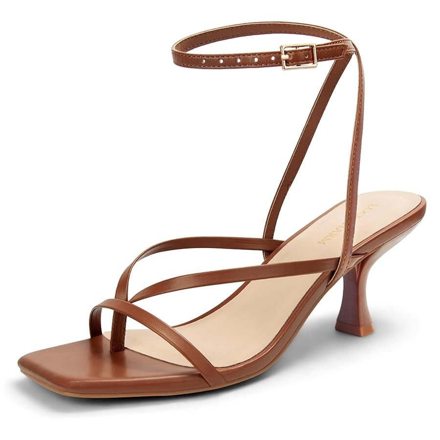 Women's Kitten Heel Strappy Open Square Toe Thong Ankle Strap Heels for Wedding | Amazon (US)