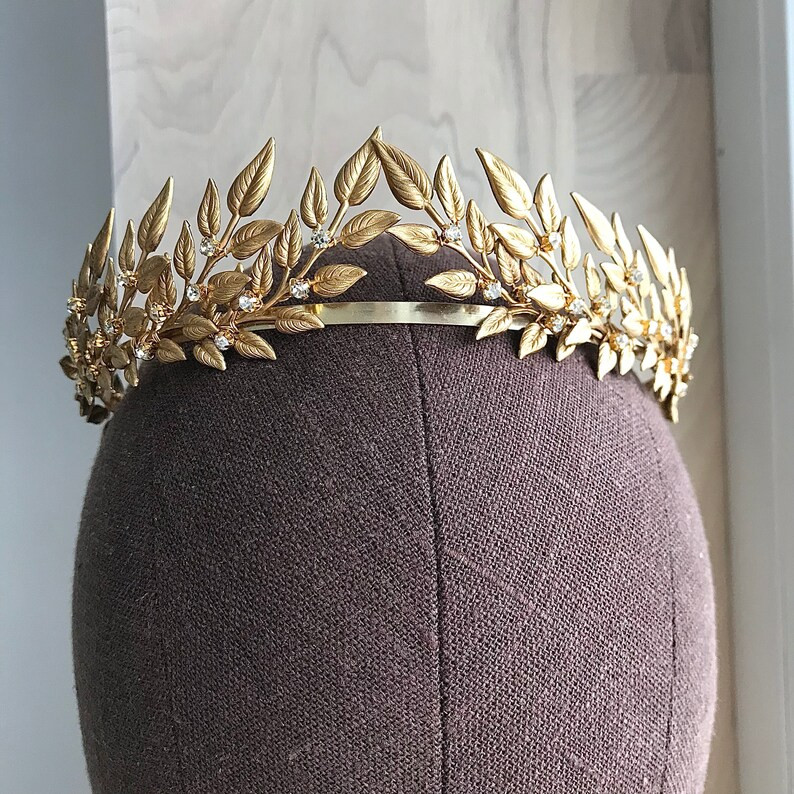 Leaf Crown Gold Bridal Tiara Greek Wedding Headband Brass Leaves With Small Crystal BT-012 - Etsy | Etsy (US)