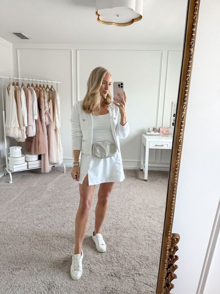 Masters Outfit Idea- I love this white athletic dress from Abercrombie paired with this white sweater from J.Crew. Finish the look with sneakers and a belt bag for a stylish and casual look. 

#LTKstyletip #LTKshoecrush #LTKSeasonal