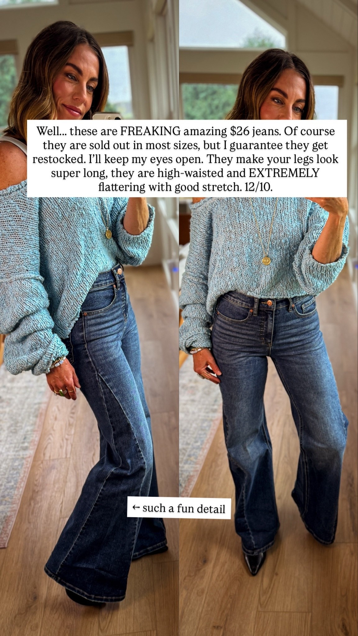 Everything fits TTS.
Jeans: 0
Sweater: small. (Should’ve gotten an Xs)