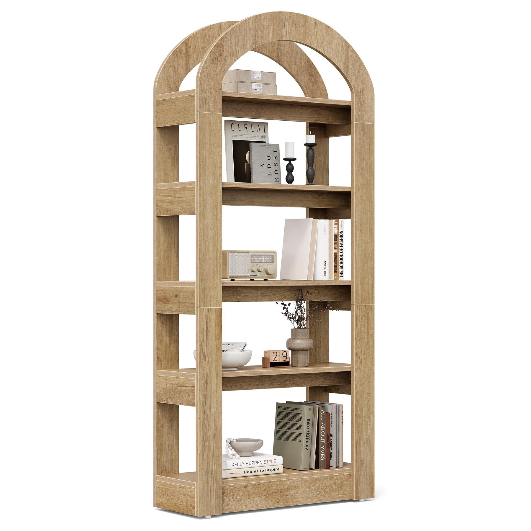 LITTLE TREE 5-Tier Bookshelf, Arch-Shaped Racks, Tall Standing Wooden Bookcase Display Shelf Mode... | Amazon (US)