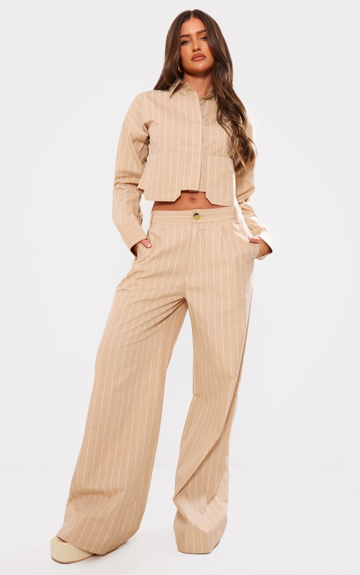 Stone Poplin Pinstripe Tailored Wide Leg Pants | PrettyLittleThing US