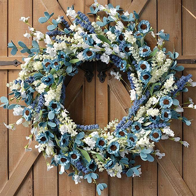 Bibelot 20 Inch Spring Wreath Blue with Green Leaves Wreath Blue Daisy Artificial Grains White Fl... | Amazon (US)