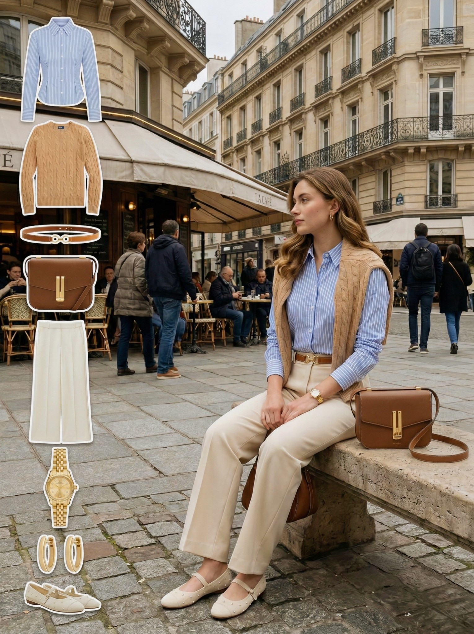 ✨ Soft Layers in Parisian Neutrals ✨

A refined city look built on gentle neutrals and classic blue stripes. The crisp striped shirt brings tailored freshness, while the cable knit draped over the shoulders adds texture and a relaxed, polished layering detail.

Cream tailored trousers create a clean elongated silhouette that feels modern and elegant. Matching ballet flats keep the palette light and feminine for comfortable day wear, while the structured tan crossbody and slim belt echo warm leather tones for a cohesive finish. Gold jewelry adds a subtle glow that elevates the entire ensemble.

🤍 Style Notes:
• Blue striped button down for timeless structure  
• Camel cable knit layer for soft texture  
• Cream tailored trousers for a clean silhouette  
• Cream ballet flats for refined comfort  
• Tan structured crossbody for classic cohesion  
• Gold watch and earrings for polished shine  

Everything linked and ready to shop ✨

#LTKootd #LTKSeasonal #LTKChic

#LTKgrwm #LTKootd #LTKWorkwear

#LTKSeasonal #LTKootd #LTKgrwm