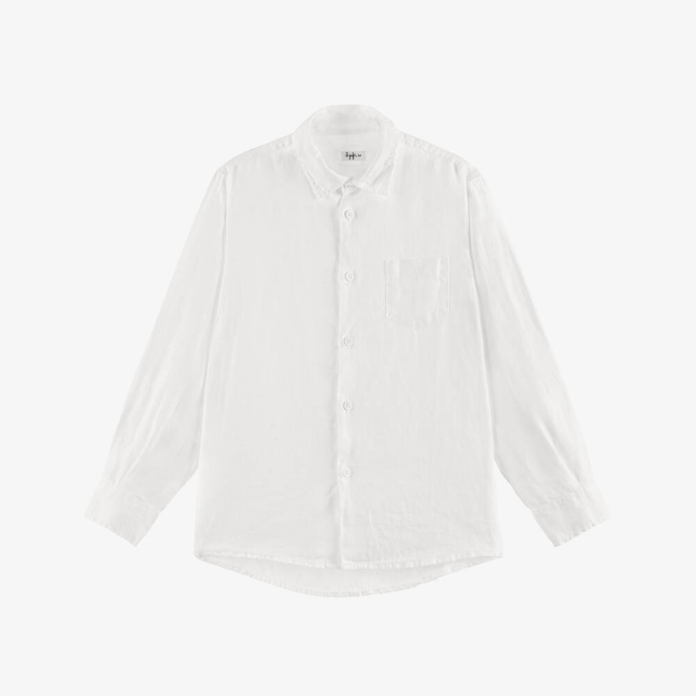 Boys White Linen Shirt with Embroidered Logo | Childrensalon