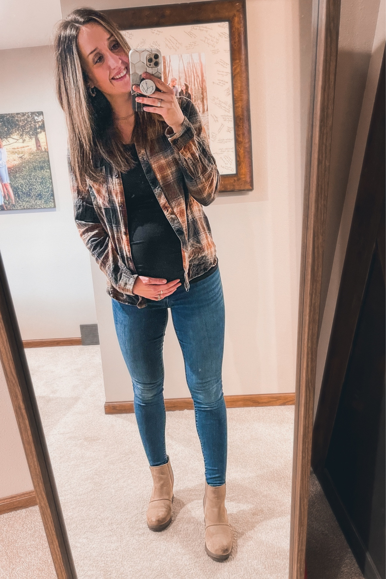 The cutest and comfiest button down! It’s longer in the back and fits SO GOOD. Bought a medium for a cozy fit. These are the best maternity jeans - worn through four pregnancies. Wearing size 4. Also, the wedges that made me a Sorel addict. Wearing size 9.

#LTKbump