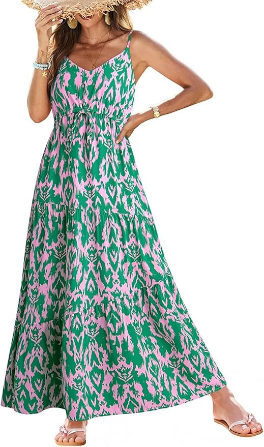 Dokotoo Summer Dress Casual Womens Boho Dress Sleeveless Printed Long Tiered Maxi Dress Beach Dre... | Amazon (US)