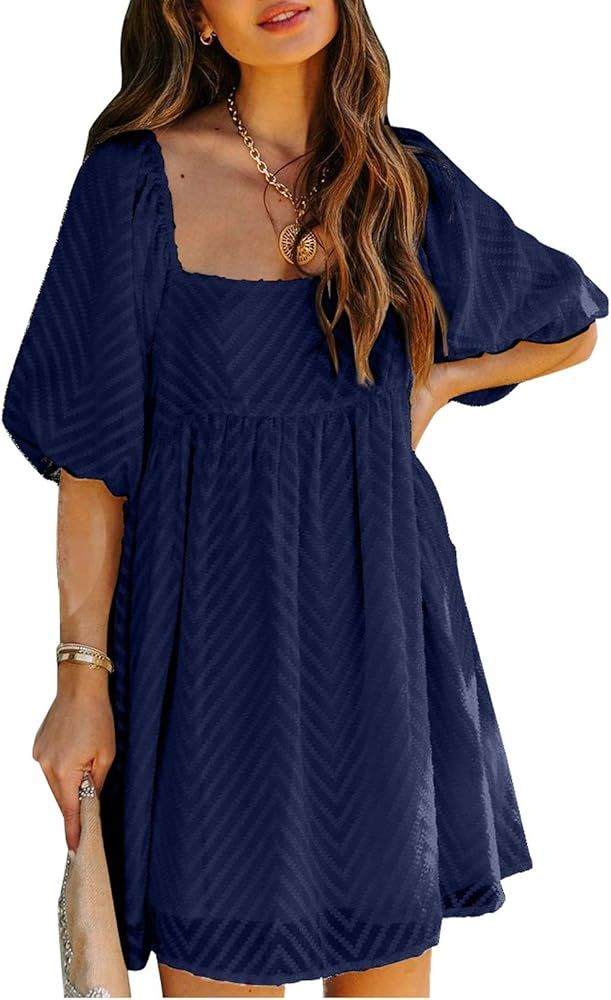 CORAFRITZ Ladies Sweet Solid Color V-Neck Bubble Straight Summer Pleated Chiffon Mini Dress | Amazon (US)