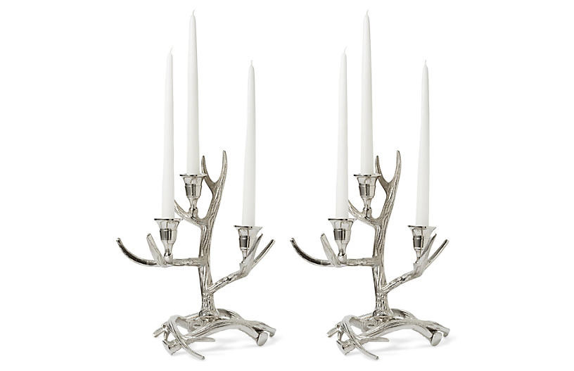 S/2 Tangled Antler Candelabras, Silver | One Kings Lane