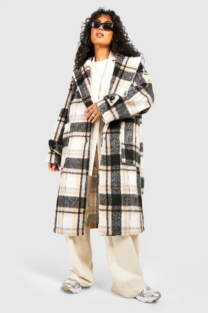 Check Cuff Detail Oversized Wool Look Jacket | boohoo (US & Canada)
