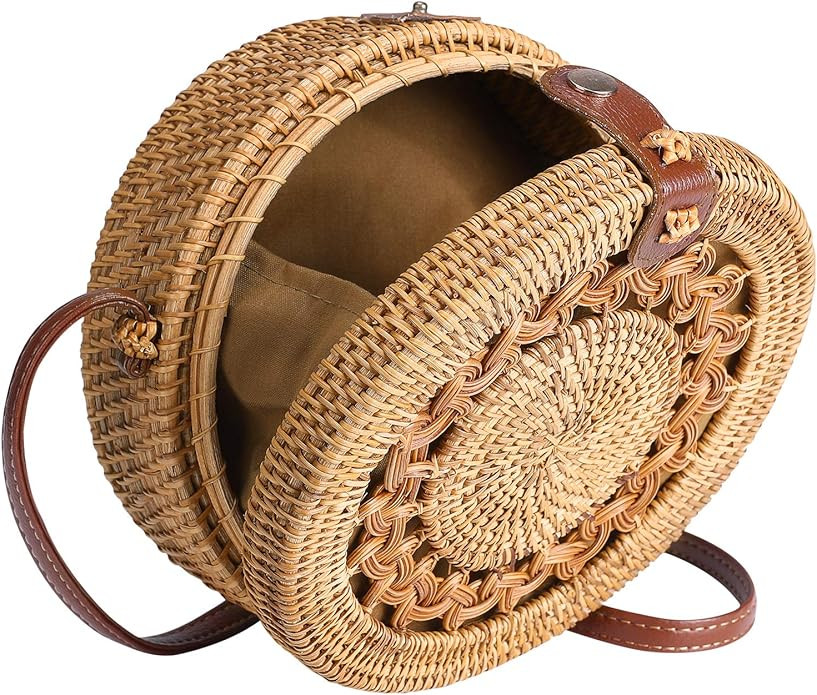 Round Rattan Bag for Women Straw Bag Handwoven Beach Bohemian Shoulder Purse by Enmain | Amazon (US)