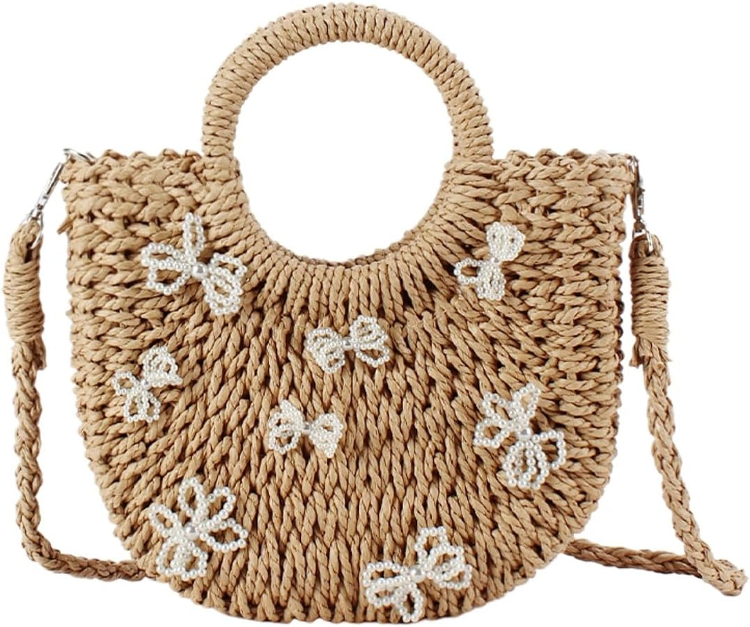 Chic Woven Straw Handbag Pearl Bow Accent Summer Tote Beach Crossbody Shoulder Bag for Casual Tra... | Amazon (US)