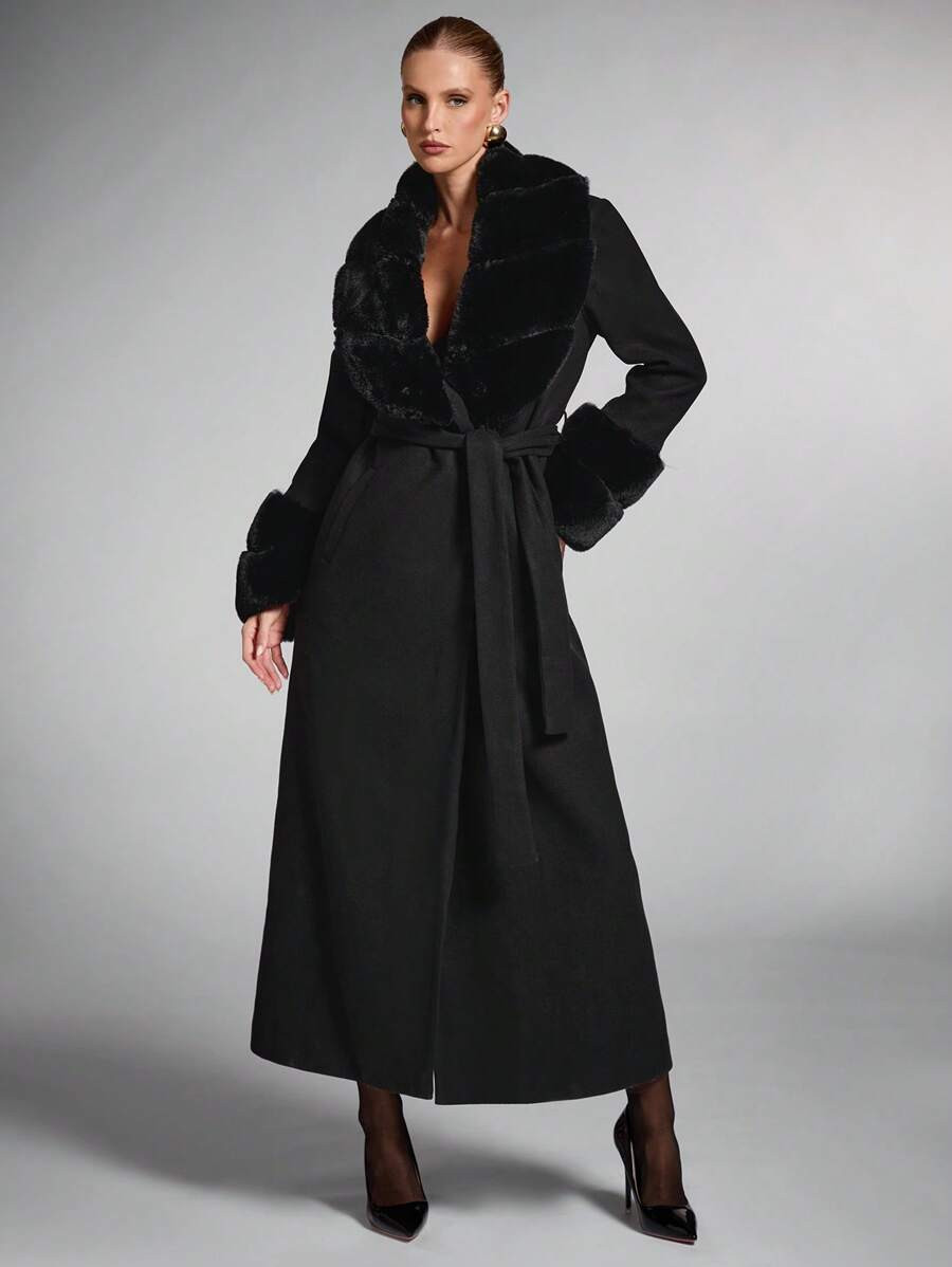 SHEIN BAE Women's Solid Color Fluffy Shawl Collar Long Sleeve Long Elegant Wool Blend Coat, Vinta... | SHEIN