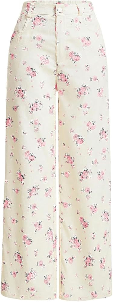Floerns Women's Boho Floral Print Elastic High Waist Loose Fit Straight Leg Pants | Amazon (US)