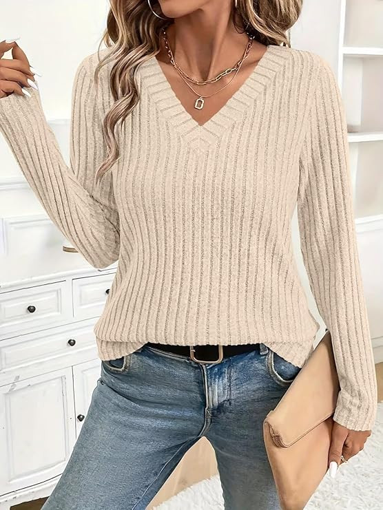 Women's Long Sleeve V Neck Tops 2025 Fall Fashion Casual Blouses Pullover Sweaters Tunics for Dai... | Amazon (US)