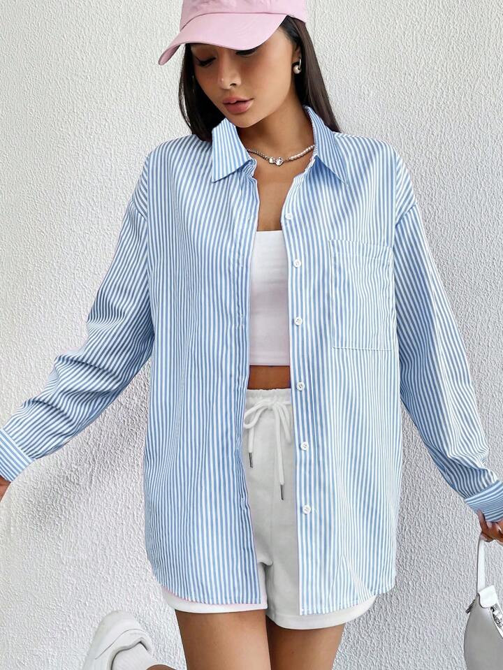 SHEIN EZwear Striped Print Drop Shoulder Shirt | SHEIN