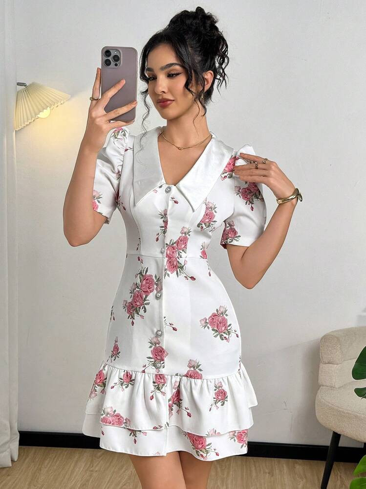 Modelyn Floral Print Front Button Closure Elegant Short Sleeve Summer Dress | SHEIN