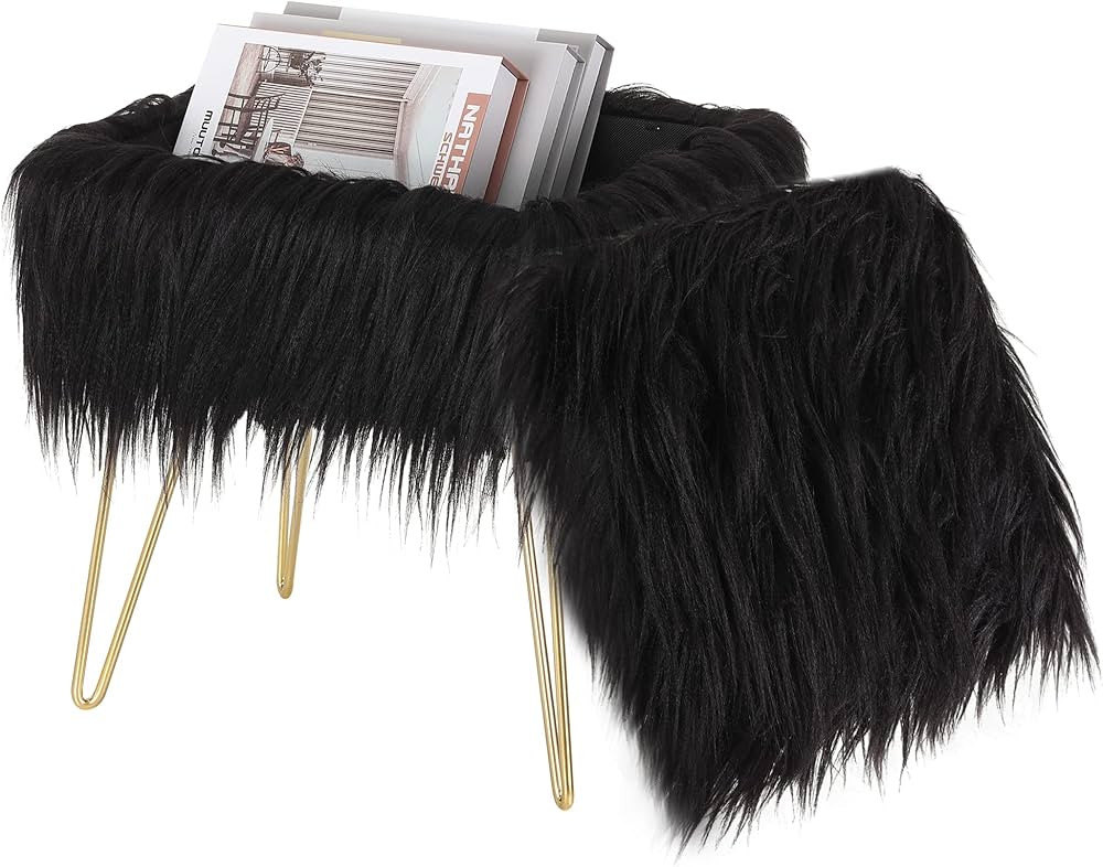 Awescuti Vanity Stool Faux Fur Ottoman Cute Rectangle Faux Fur Chair with Storage, Fuzzy Bench Fluffy Footrest, for Girls Up to 330 LBS, for Makeup Room Bedroom, with Metal Legs, Black | Amazon (CA)