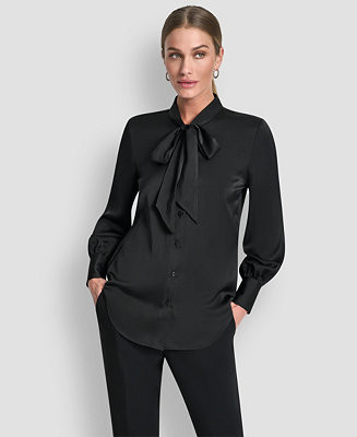 Women's Tie-Neck Front Button Long Sleeve Blouse | Macy's