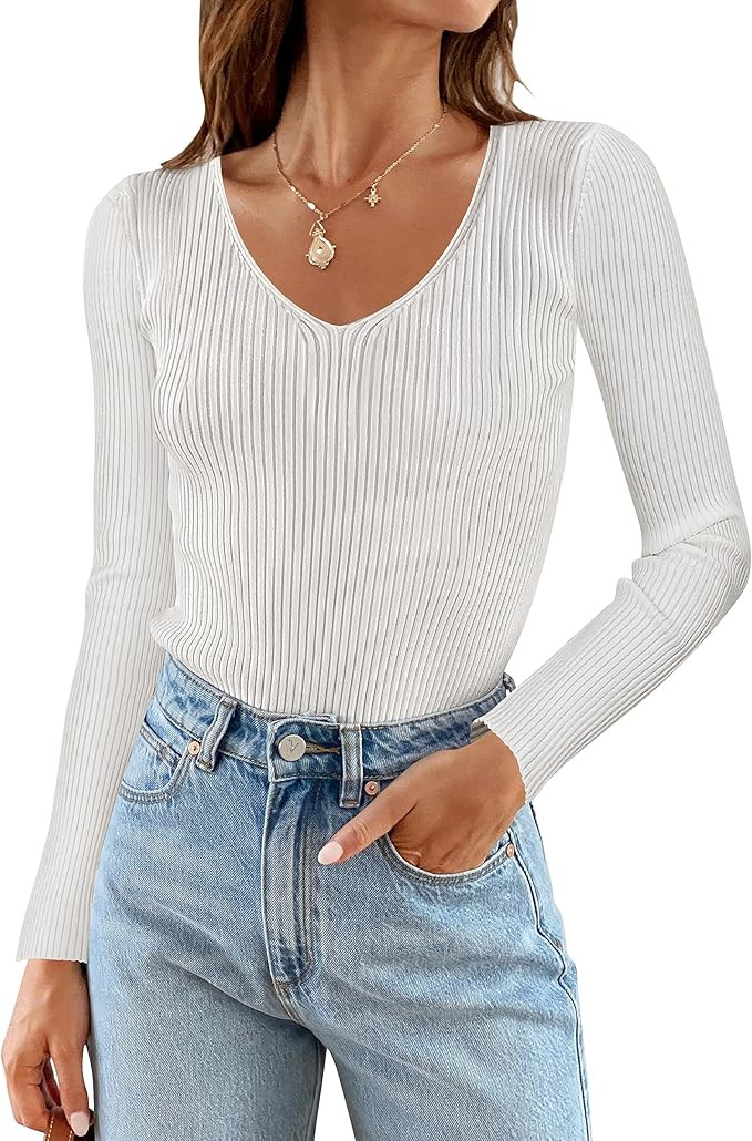 ZESICA Women's 2024 Fall Long Sleeve V Neck T Shirts Ribbed Knit Sweater Slim Fit Solid Basic Cas... | Amazon (US)