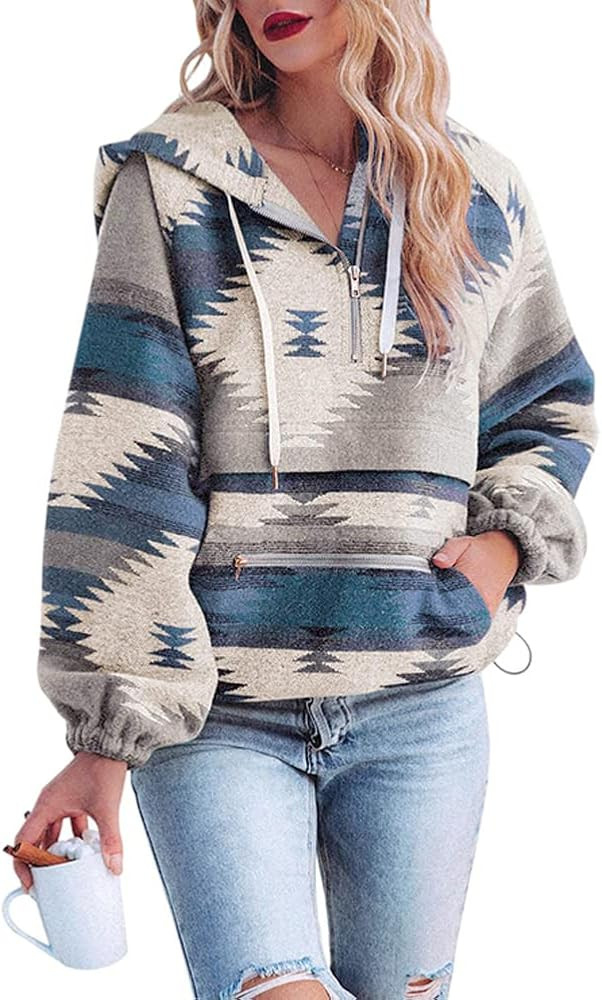 chouyatou Women's Tribal Aztec Print Hooded Half Zip Fuzzy Fleece Hoodie Sweatshirt Tops | Amazon (US)