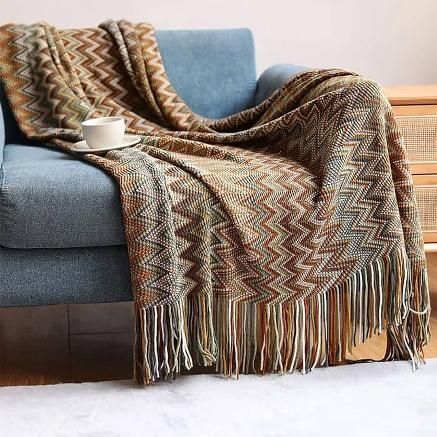 Fennco Styles Brown Zigzag Soft Boho Throw Blanket with Tassel 50" W x 60" L - Colorful Crochet C... | Amazon (US)