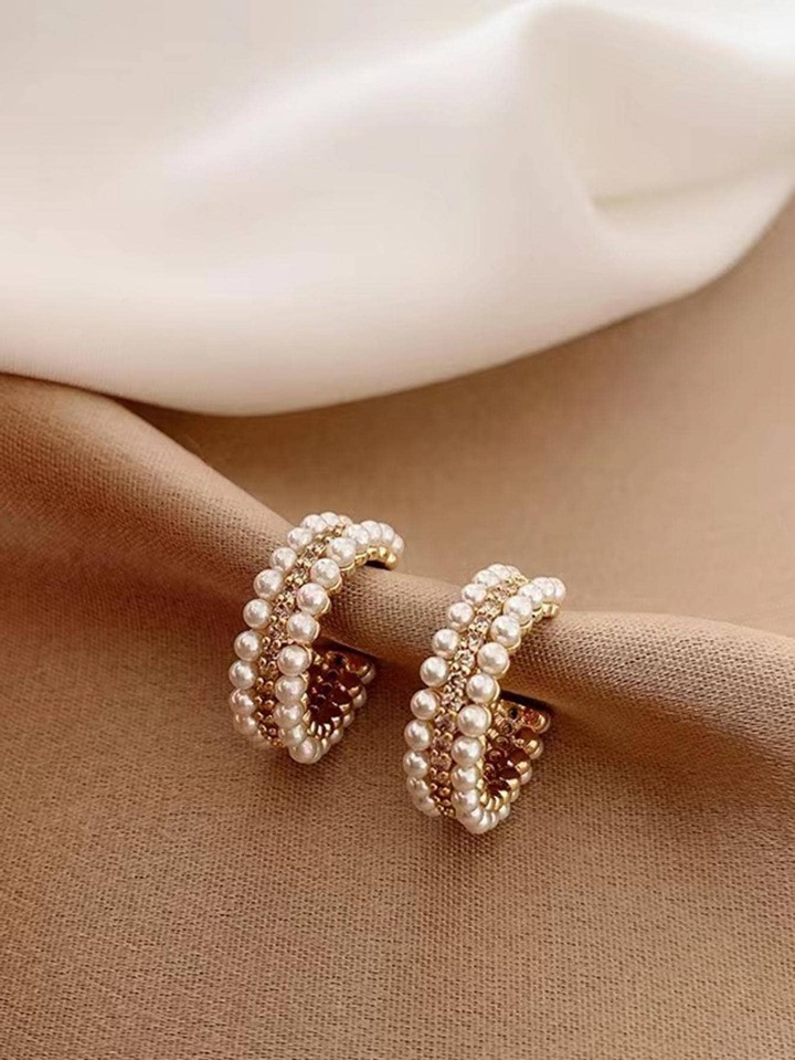 1pair Exquisite Zinc Alloy Rhinestone & Faux Pearl Decor Cuff Hoop Earrings For Women For Daily D... | SHEIN