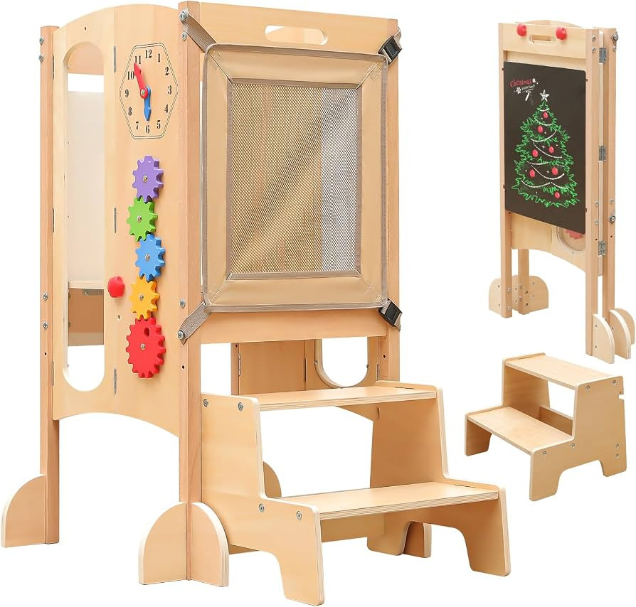 Toddler Tower, Foldable Toddler Kitchen Stool Helper with 2 Step Stool, Wooden Toddler Stool with... | Amazon (US)